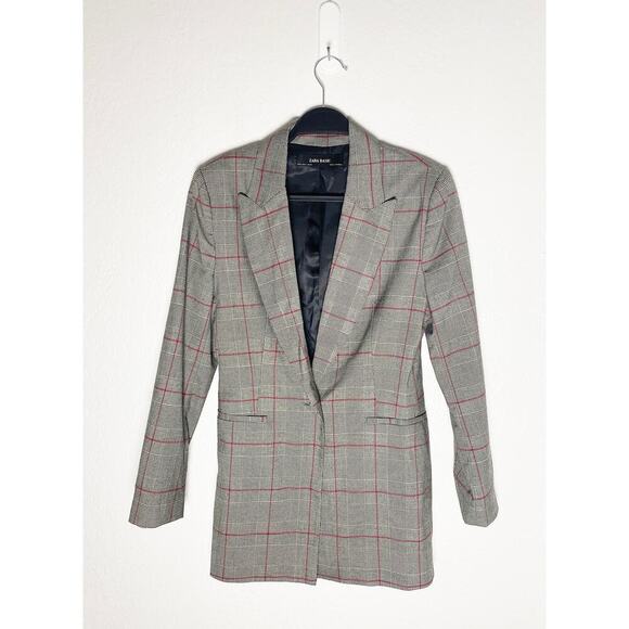 Zara Basic Women's Single Breasted Blazer Grey Red Check Plaid Lapel Collar - Picture 1 of 9